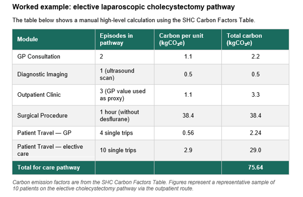 Carbon footprint calculation table for elective cholecystectomy pathway